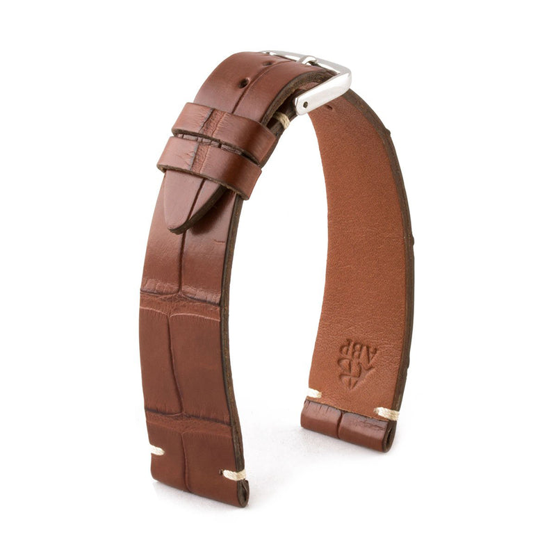 ABP Matt Medium Brown Alligator Leather Watch Strap with Ecru stitching