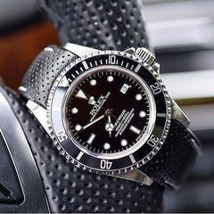 Everest Curved End Racing Leather Watch Strap Black with White stitching for Rolex Sports Models