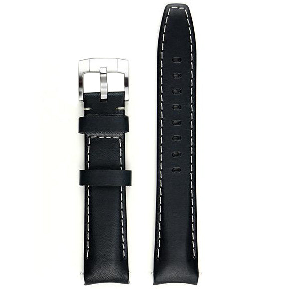 Everest Curved End Leather Watch Strap in Black with White Stitching with Tang Buckle for Rolex Sports Models