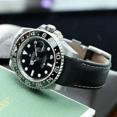 Everest Curved End Leather Watch Strap in Black with White Stitching with Tang Buckle for Rolex Sports Models