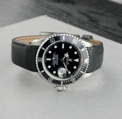 Everest Curved End Leather Watch Strap in Black with Tang Buckle for Rolex Sports Models