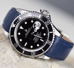 Everest Curved End Leather Watch Strap in Blue with Tang Buckle for Rolex Sports Models