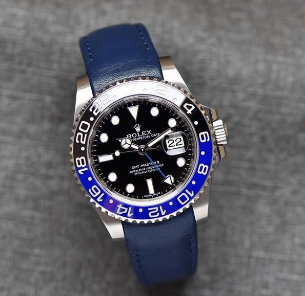 Everest Curved End Leather Watch Strap in Blue with Tang Buckle for Rolex Sports Models