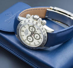 Everest Curved End Leather Watch Strap in Blue with Tang Buckle for Rolex Sports Models