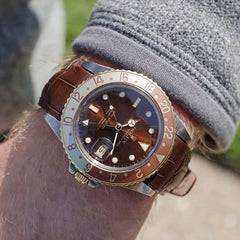 Everest Curved End Leather Watch Strap in Brown Alligator with Tang Buckle for Rolex Sports Models