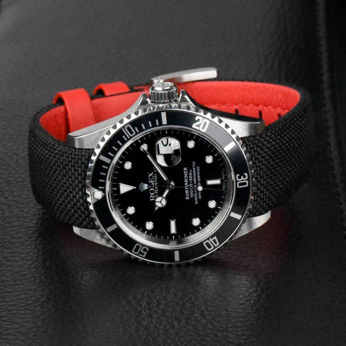 Everest Curved End Nylon Strap in Black and Red with Tang Buckle for Rolex Sports Models