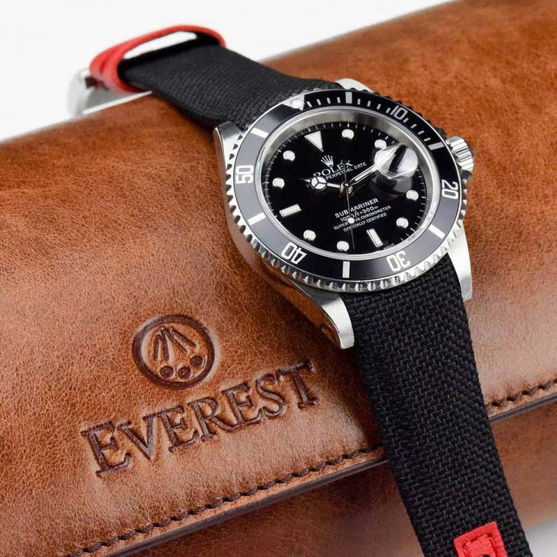 Everest Curved End Nylon Strap in Black and Red with Tang Buckle for Rolex Sports Models