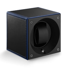 SwissKubik Masterbox Watch Winder in Black Leather with Blue Edges and Stitching