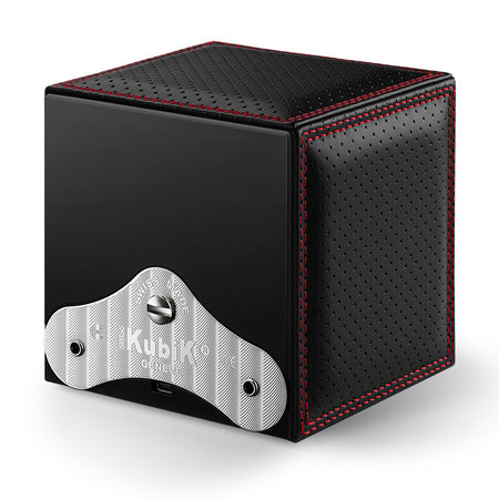 SwissKubik Masterbox Watch Winder in Black Racing Leather with Red Stitching