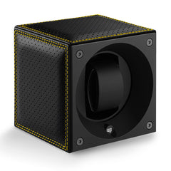 SwissKubik Masterbox Watch Winder in Black Racing Leather with Yellow Stitching