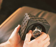 SwissKubik Masterbox Watch Winder in Black Leather with Blue Edges and Stitching