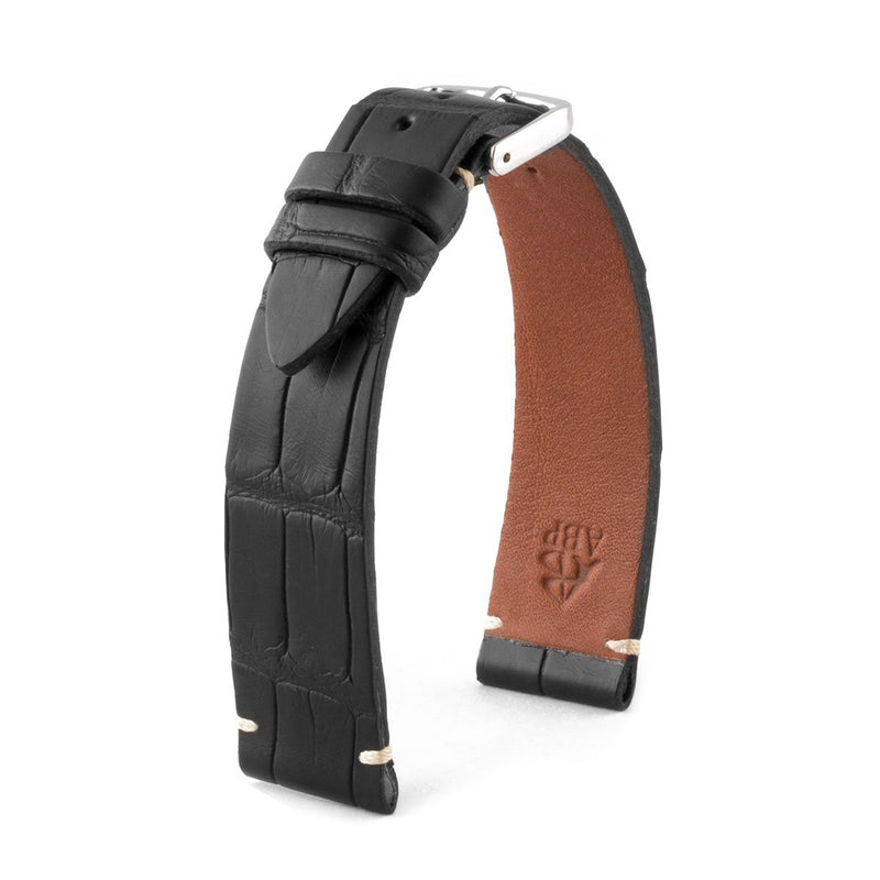 ABP Matt Black Alligator Leather Watch Strap with Ecru stitching