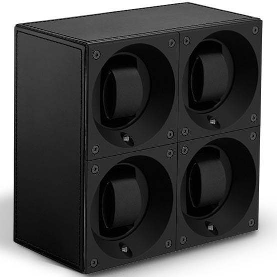 SwissKubik Masterbox Quadruple Watch Winder in Black Leather with Black Stitching