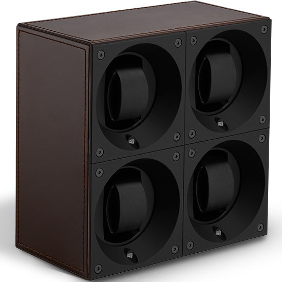 SwissKubik Masterbox Quadruple Watch Winder in Brown Leather with Brown Stitching