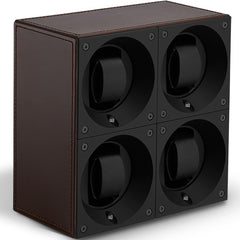 SwissKubik Masterbox Quadruple Watch Winder in Brown Leather with Brown Stitching